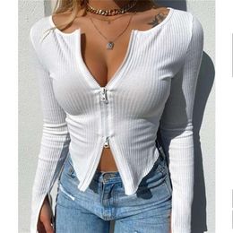 Women Tshirt Spring Autumn Clothes Ribbed Knitted Long Sleeve Crop Zipper Design Tee Sexy Female Slim Black White Tops 220810