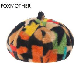 Foxmother New Fashion Lady Faux Fur Rainbow Brief Pattern Berets Hats Caps Women Winter Gorros Mujer J220722