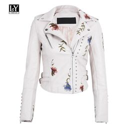 LY VAREY LIN Faux Soft Leather Jacket Women Embroidery Floral Faux Leather Jacket Pu Motorcycle Epaulet Zipper Punk Outerwear 210908