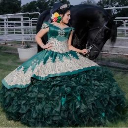 Dark Green Quinceanera Dresses 2022 Ruffles Off The Shoulder Lace Applique Corset Back Pageant Ball Gown Sweep Train Sweet 16 Birthday Party Wear Vestidos 401 401