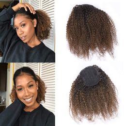 Kinky Curly Drawstring Ponytail Human Hair Brazilian Remy With Afro Clip In Extensions 4 Combs Dark Brown Natural Colour Ponytails