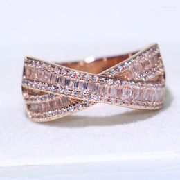 Wedding Rings 2022 Arrival Sparkling Belt Luxury Jewellery 925 Silver&Rose Gold Fill Cross Ring Princess 5A Zirconia Women Band Edwi22