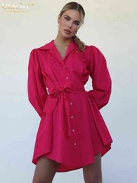 Clacive Fashion Pink Mini Dress Lady Casual Lapel Long Sleeve Lace-Up Dress Elegant Loose Single-Breasted Dresses For Women 2022 T220804
