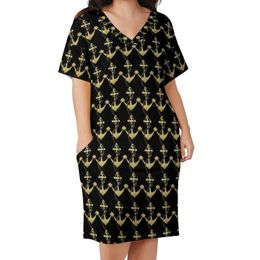 Plus Size Dresses Nautical Casual Dress Ladies Gold Anchor Print Elegant Spring Short Sleeve Street Wear Pattern 4XL 5XLPlus