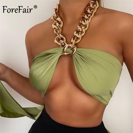 Forefair Chic Metal Chain Halter Sexy Corset Tops Women Sleeveless Backless Wrap Chest Green Crop Top Basic Summer Fashion 220331