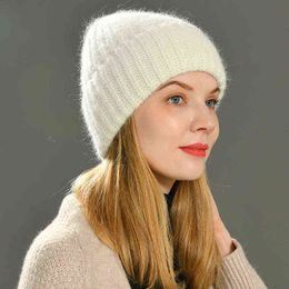 Women Hat Baggy Bonnet Hats Female Rabbit Hair Knitted Winter Hats Soft Striped Cashmere Knitted Beanie Hat J220722