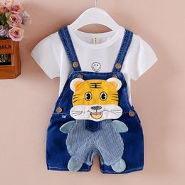 2022 New Korean Cartoon Baby Cowboy Overalls Children's Jeans Boys and Girls Denim Shorts Jean Strap Shorts Wholesale & Retail