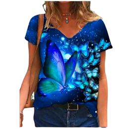 3XL Oversides Damen Tops Casual Kurzarm V-ausschnitt Lose T Shirt Größe Frauen 3D Schmetterling Sommer Tees Kleidung 220628