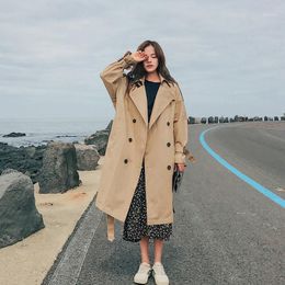 Women's Trench Coats 2022 Fashion Spring Autumn Women Long Coat Double-Breasted Belt Blue Khaki Lady Clothes Outerwear Oversize M718