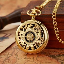 Pocket Watches Unisex Roman Numerals Quartz Watch Men Women Golden Hollow Case Steampunk Vintage Pendant Necklace Gifts With Box Thun22