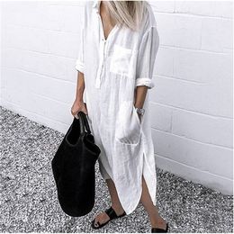 Plus Size Cotton Linen Women's Dress White Long Sleeve Shirt Casual Female Long Dresses 2022 Autumn Beach Fashion Lady Clothing 220316