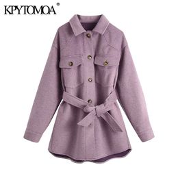 KPYTOMOA Women Fashion With Belt Loose Woollen Jacket Coat Vintage Long Sleeve Side Pockets Female Outerwear Chic Overcoat 201102