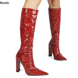 Rontic Handmade Women Winter Knee Boots Glossy Stone Pattern Unisex Chunky Heels Pointed Toe Red Black Club Shoes Size 34-45