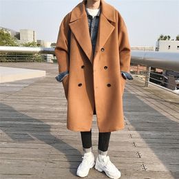 Casual Fashion Long Wool Blend Mens Coat Warm Loose Long Sleeve Men Jacket Solid Double Breasted Korean Male Fashion Coat LJ201110