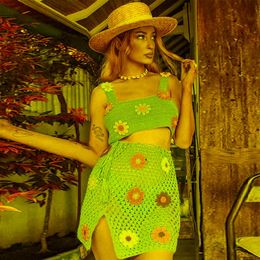 Two Piece Dress Daisy Flower Crochet Women Sets 2022 Summer Boho Beach Vacation Knitted Outfits Cropped Top Mini Skirt FemaleTwo