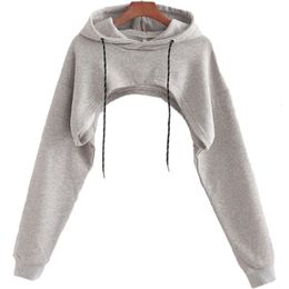 Women's Hoodies Sweatshirt Solid Colour Long Sleeve Drawstring Sexy Cut Out Backless Super Short Sweatshirt Harajuku Pullover Crop Top 230206