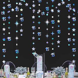 Party Decoration Iridescent Silver 15th Birthday Number 15 Circle Dot Twinkle Star Garlands Hanging Streamer Banner Anniversary DecorParty