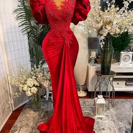 2022 Plus Size Prom Dresses Arabic Aso Ebi Red Mermaid Lace Prom Dress Beaded Sheer Neck Velvet Evening Formal Party Second Reception Gowns Dress BC11945
