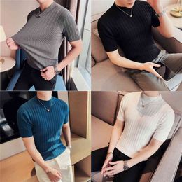 2022 Summer Knitted Elasticity T Shirt Men Half High Collar Short Sleeve Casual Slim Fit Sweater Tops Tees Social Club T-Shirt Y220606