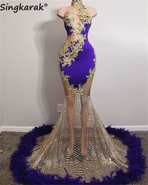 Party Dresses Luxury Sexy Mermaid Prom Dresses Feathers Golden Beads Aso Eb 220823