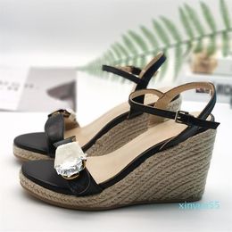Summer button strap straw high heels womens open toe students wedge platform sandals thick soled casual leather shoes