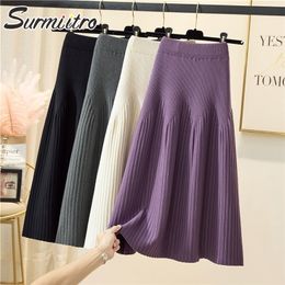 SURMIITRO Fashion Autumn Winter Warm Knitted Midi Long Pleated Skirt Women Korean Style Mid-Length High Waist Female 220317