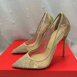 Casual Designer Sexy Lady Fashion Women Shoes Gold Glitter Strass Crystal Pointy Toe Stiletto Heels Zapatos Mujer Prom Evening Pumps