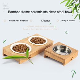 Cat Dog Feeders Bowl Stainless Steel Tableware Pet Food Water Bamboo Frame Antiskid Feeding Y200917