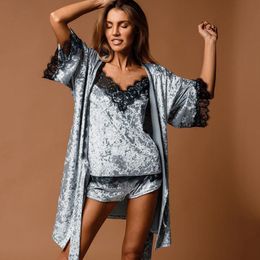 Women's Sleepwear Velour Robes Women Pyjama Sets Lace Patchwork Nightdress Set Woman 3 Pieces Nightwear Velvet Nightgowns Splicing Sleepwear