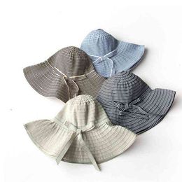 lady striped Summer Foldable Bucket Hat wide brim hat Beach UV Protection Round Top Sunscreen Fisherman Cap G220418