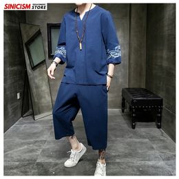 Sinicism Store Men s Sets Embroidery Chinese Style Summer Loose Tracksuit Mens 2020 Casual Cotton Linen Suit Male Clothing LJ201126