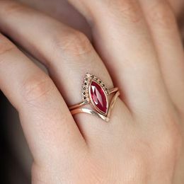 Cluster Rings Unique Natural Rhombus 2In1 18K Rose Gold Ring Marquise Bridal Wedding Women Ruby For Diamond Fine Jewelry SetCluster