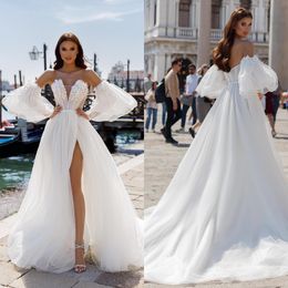 Bohemian 2022 Split Wedding Dress Off The Shoulder Lace Appliqued Beach Boho Bridal Gowns Detachable Sleeve vestido de novia