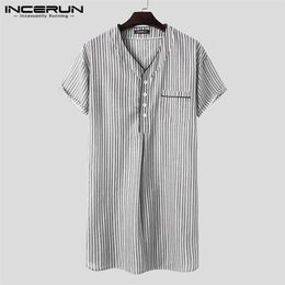 INCERUN Leisure Striped Homewear Men Cotton Sleepwear Summer Short Sleeve V Neck Nightgown Breathable Comfy Nightwear Plus Size 220628
