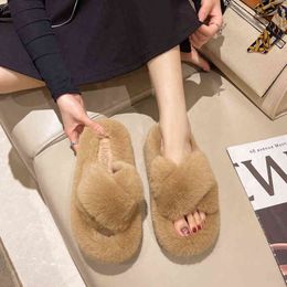 2022 Fluffy Slippers Women Cozy Faux Fur Cross Indoor Floor Slides Flat Soft Furry Shoes Ladies Female Celebrities Flip Flops G220730