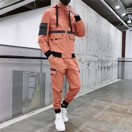 Hip Hop Military Men Tracksuit Pocket Zipper Loose Orange Men Jacket Long Sleeve Casual Fashion Mens Sports Suits Street LJ201125