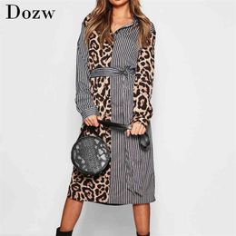 Striped Shirt Dress Women Long Sleeve Patchwork Leopard Print Long Beach Dress Turn Down Collar Ladies Office Dress Vestidos 210414