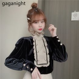 Gaganight Elegant Women Solid Shirt Chic Ruffles Long Sleeve Blouses Autumn Winter Korean Office Lady Vintage Black Blusas 210326