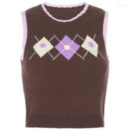 Women Vintage Knitted Sleeveless Vest Contrast Colour Argyle Plaid Jacquard Sweater Preppy Style Round Neck Slim Fit Pullover Jum1 Stra22