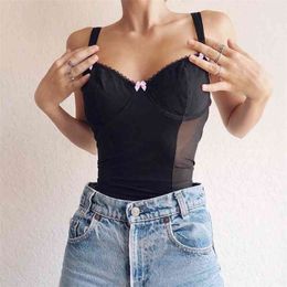 See Through Mesh Patched Y2K Black Camis Women Gothic Summer Sleeveless V Neck Kawaii Pink Bow Sexy Cami Top Female 210326