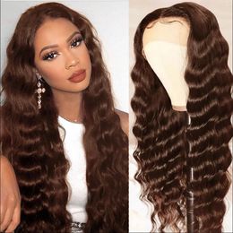 30Inch #4 Chocolate Brown Coloured Straight HD Lace Frontal Wig Body Wave Loose Deep Curly Pre-Plucked Human Hair Wig