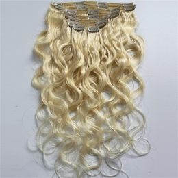 Blonde Clip in Human Hair Extensions 613 Indian Body Wave Remy Hair Bundles 120G 14-22 inch