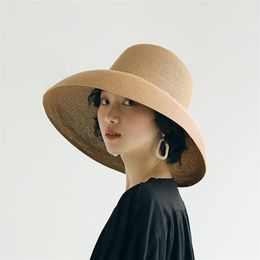 Luna&Dolphin Handmade Women Summer Sun Hat Big Eaves Beach Japanese Hepburn Style Holiday Fold Fisherman Cap Temperament Flat 220318