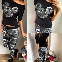 2 pieces New CosMaMa Brand women summer clothing tracksuit sets with short sleeve cotton t shirt and camouflage pants LJ201126