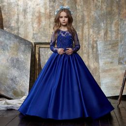 New Royal Blue Lace Appliqued Flower Girl Dresses For Wedding Beaded Toddler Pageant Gowns Satin Long Sleeves Kids Prom Dress
