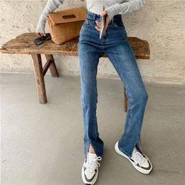 Slim Front Slit Vintage Denim Straight Leg Pants For Women Streetwear High Waist Jeans Female Casual Tall Girl Solid Jeans 210302