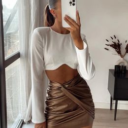 Damen T-Shirt Diamond White Langarm Crop Top Damen Mode Elegant Herbst Winter 90er T-Shirts Sexy Casual O Neck