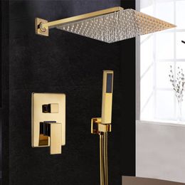 Wall Mount Golden Shower Faucets Set Ultrathin Rainfall Gold Shower Hot Cold Water Mixer Tap Bathroom Gold Shower Kit