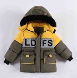 New Children Cotton Quilted Jacket Boys Plush Thickened Pocket Mid Long Jacket Winter Baby Hood Cotton Quilted Jacket J220718