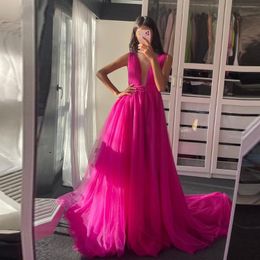 Party Dresses Sevintage Elegant Fuchsia A Line Prom Simple Soft Tulle Evening Gowns Sexy Deep V Neck Special Occasion Dress Plus SizeParty